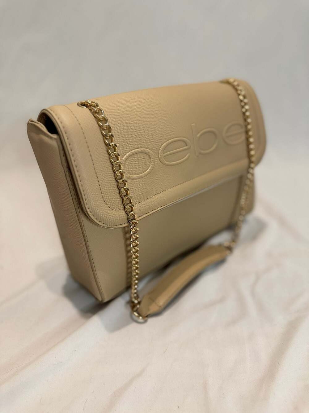 Bebe Beige Embossed Logo Chain Crossbody Bag